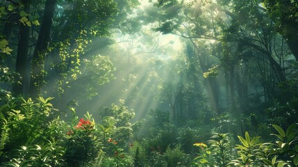 The environment: A tranquil forest scene with sunlight filtering through the canopy