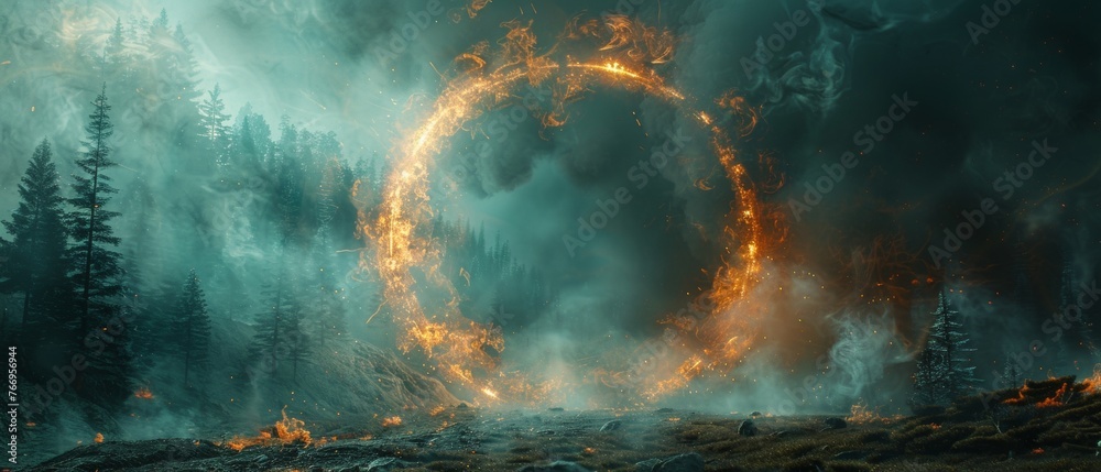 Poster this is a mockup for your logo in neon green color with a round mystical portal.