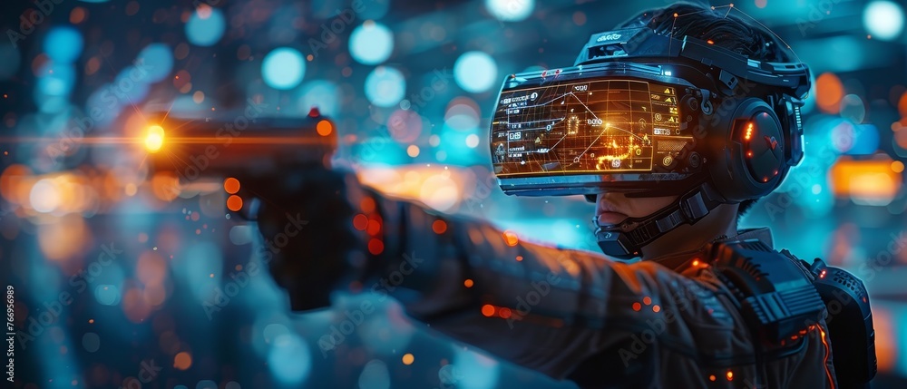 Poster An online game interface with a map of the levels. A computer gamer wearing virtual reality glasses and virtual armor. Virtual reality glasses and virtual armor on a computer video gamer.
