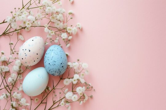 Easter eggs and spring flowers on a pink background with space for text, top view. Generated ai.