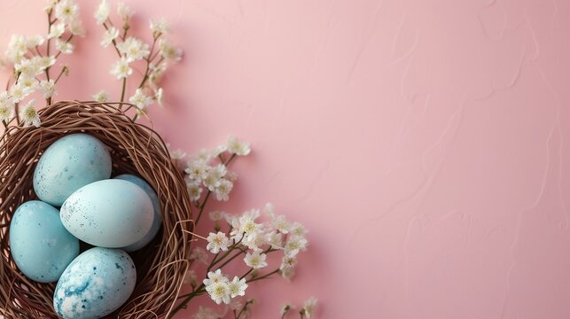 Easter eggs and spring flowers on a pink background with space for text, top view. Generated ai.
