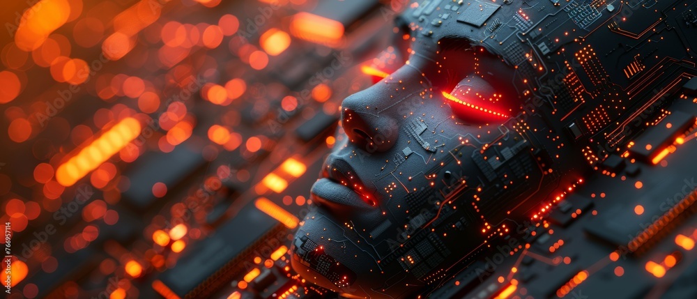 Aufkleber Development of synthetic intelligence chat bots with computer electronic chip hardware. Technology. Webchat bot face. Generative pre-trained AI. AI banner concept.
