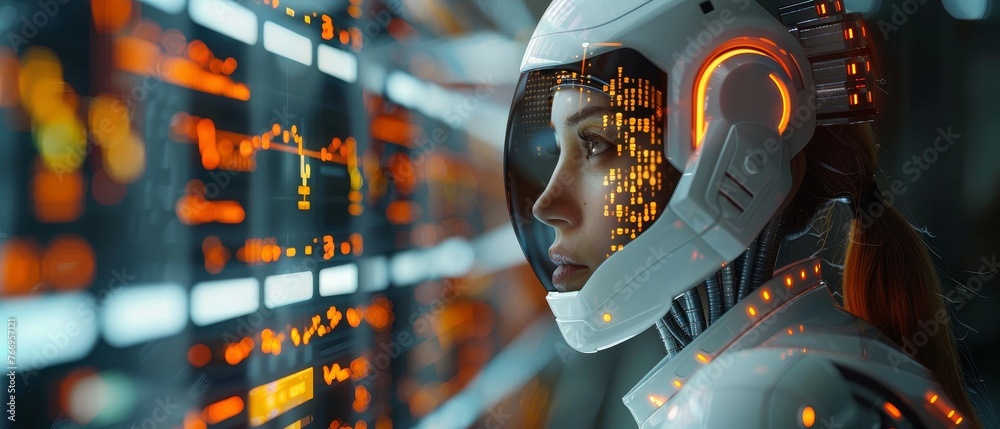 Poster Robot AI trader analysing stock exchange market charts. Trader assistant on forex market. Robot trader developing trading strategy on stock exchange market.