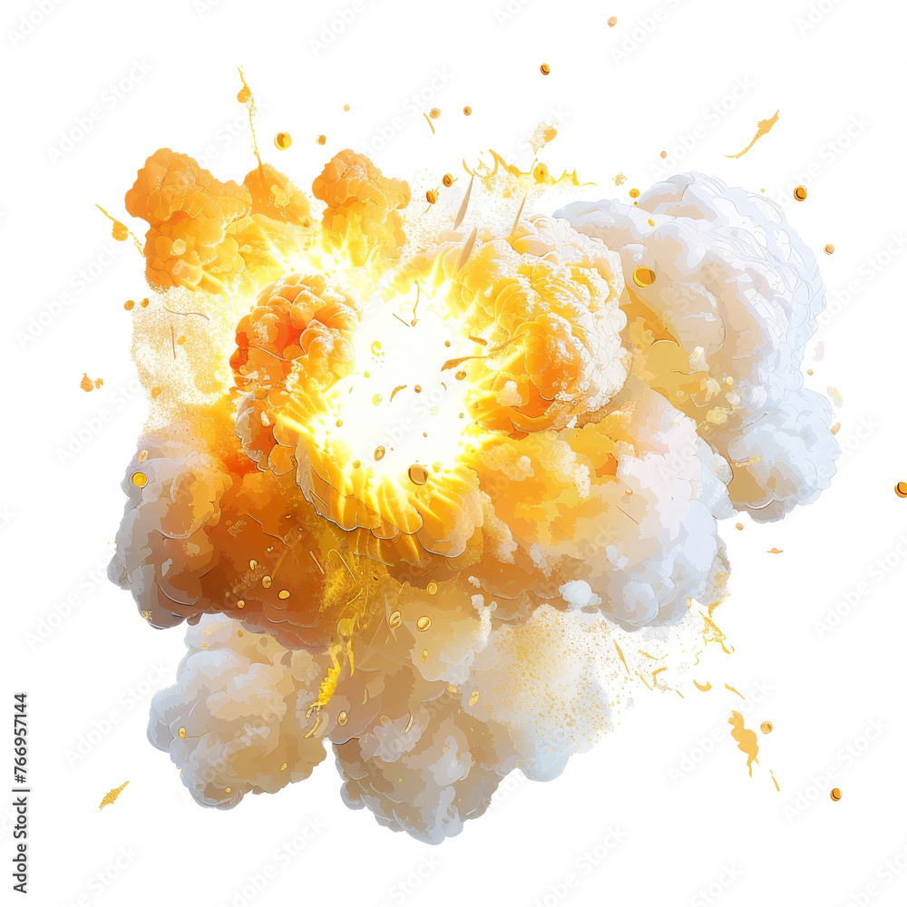 Poster Fire animation with smoke cloud, comic blast, bomb explosion, magic burst with yellow fire splashes and smoke,  cartoon illustration.