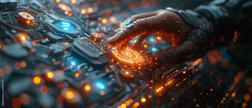 Fototapete Businessman turns technology into a real-time chat room, using a command prompt to generate something. Businessman is transforming technology into a real-time chat room using AI.