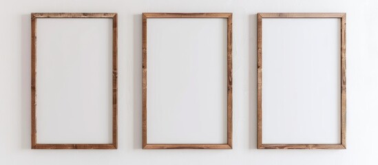 Fototapeta premium Wooden frame mockup set of 2, including large sizes 50x70 and 20x28, as well as A3 and A4 sizes, displayed on a white wall. Features clean, modern,