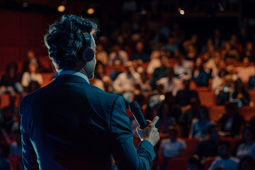 Inspirational speaker wearing a microphone headset, delivering a lecture on stage