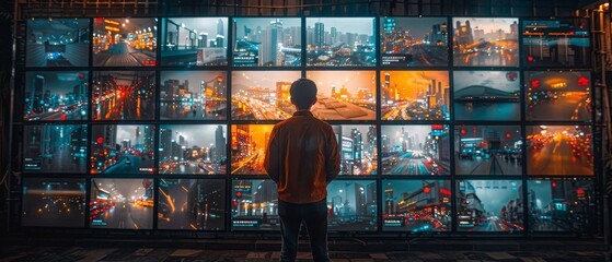 A businessman looking at rotating images of modern business. - obrazy, fototapety, plakaty