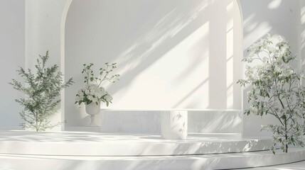 A podium in an abstract white composition, rendered in 3D, illustrated in 3D