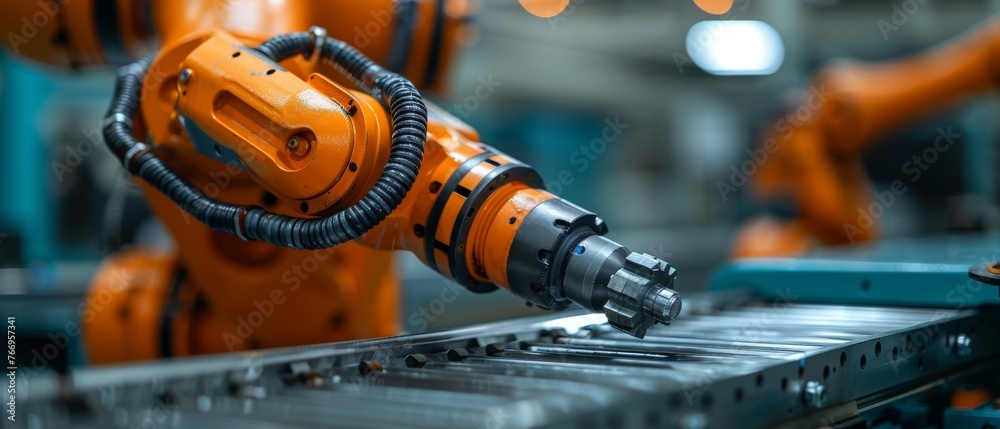 Aufkleber An engineer manager checks and controls automation robot arms machines in an intelligent factory industrial on a real-time monitoring system. Welding robots and digital manufacturing operations are