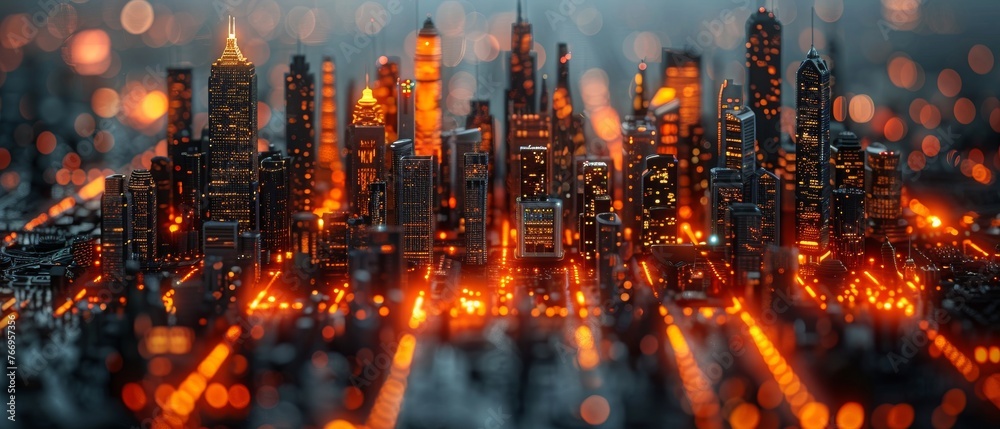 Poster A modern city diorama on a wireless sensor network, a sensor node connecting two lines, a sensor node and its connection, an abstract image, an internet of things, and an information communication