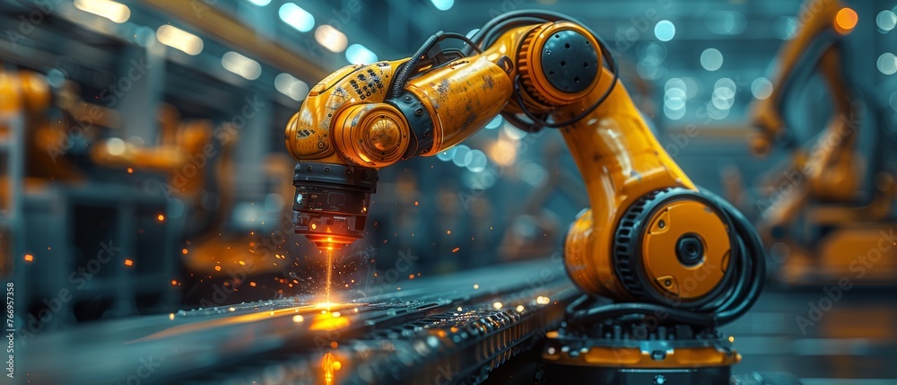 Aufkleber A manager engineer monitors and controls the automation of robot arms machines in an intelligent factory using software that monitors real-time data. Welding robots and digital manufacturing