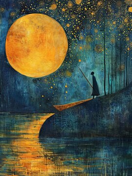 Artistic solitary figure under a golden moon