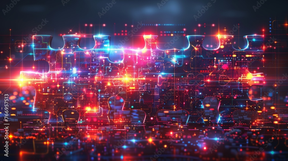 Poster this digital puzzle features a glowing effect and parts that need to be assembled to achieve a resul