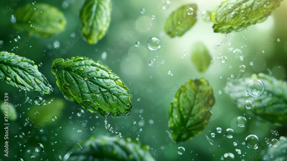 Poster a light effect air flow with fresh and mint bubbles. circular orbit with menthol leaf bubbles. splas