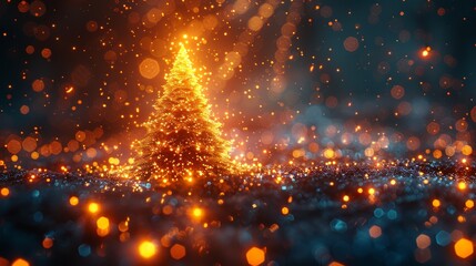 This digital tree is for a New Year greeting card with a tree light effect. It is a futuristic tree at Christmas. - obrazy, fototapety, plakaty