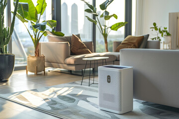 Air purifying device in a living area, eliminating fine particulate matter indoors for health protection - obrazy, fototapety, plakaty
