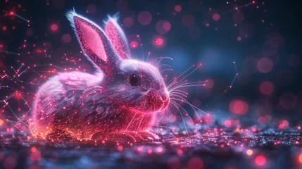 Fotobehang An easter greeting card design with a bunny and an easter egg in a digital tech style. Futuristic modern illustration with a light effect. © Zaleman