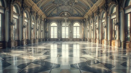 A grand ballroom with polished marble floors and soaring arched windows, remnants of elaborate chandeliers hanging from the ceiling above. - obrazy, fototapety, plakaty