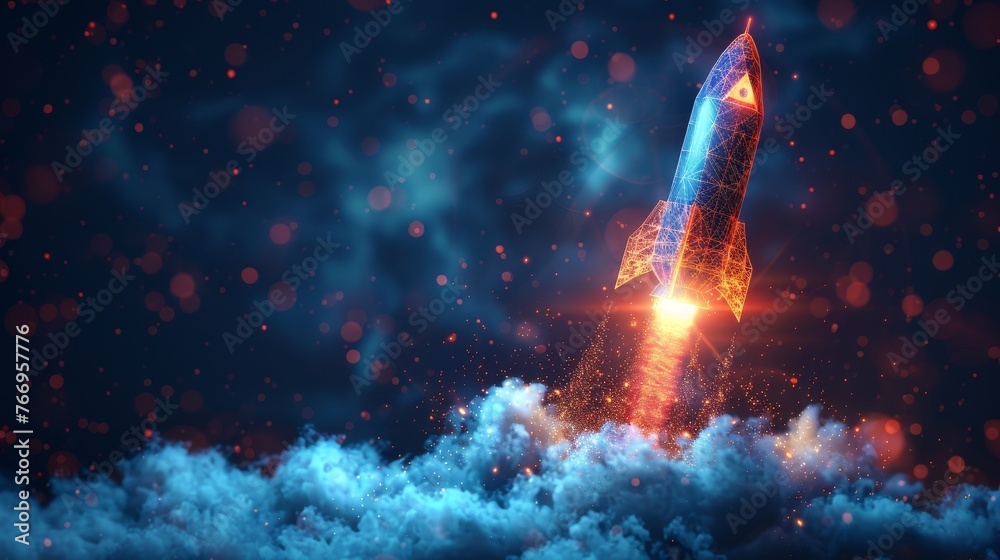 Aufkleber The idea of an abstract blue glowing light bulb rocket launch. The design is low poly and geometric in nature. There is an abstract geometric background. A wireframe light connection structure is