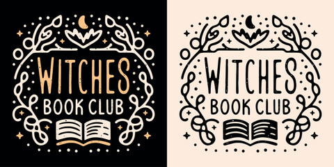 Witches book club squad crew lettering round badge. Dark academia witchy floral celestial magic esoteric books aesthetic art. Vector printable text logo for reading study group shirt design cut file. - obrazy, fototapety, plakaty