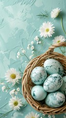 Easter eggs and spring flowers on a gray-blue background with space for text, top view. Generated ai.