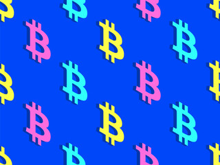 Seamless pattern with 3D Bitcoin symbol. Multicolored isometric Bitcoin symbol. Bitcoin cryptocurrency, crypto trading. Design of wallpapers, banners and posters. Vector illustration