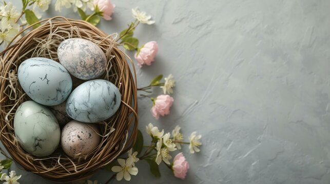 Easter eggs and spring flowers on a gray-blue background with space for text, top view. Generated ai.