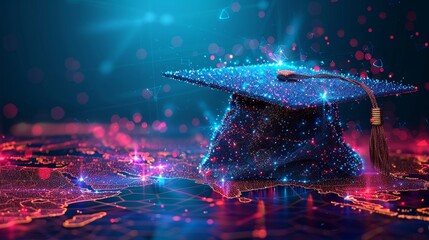 Graduate hat in futuristic digital style. World map background with online education concept. Illustration in modern format. - obrazy, fototapety, plakaty