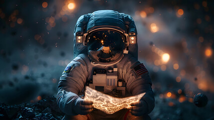 An astronaut in full gear, holding a glowing star map, is illuminated by the cosmic lights of distant galaxies and floating space debris