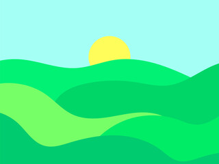 Wavy landscape with green hills and the sun on the horizon. Dawn with green meadows in a minimalist style. Design for posters, prints and banners. Vector illustration - obrazy, fototapety, plakaty