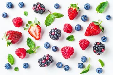 Isolated strawberries, raspberries, blueberries, mint leaves on a white background.