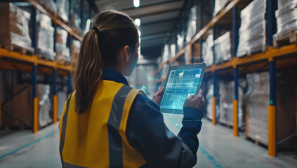 A female warehouse worker holding a tablet device while standing in a warehouse environment.