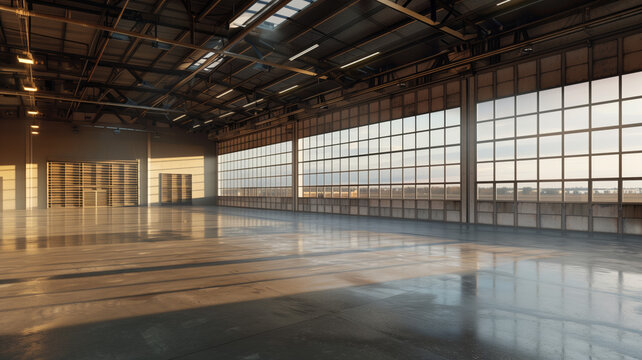 3d rendering of an empty warehouse with a lot of windows. 3d rendering of large hangar building and concrete floor and open shutter door in perspective view for background Generative AI