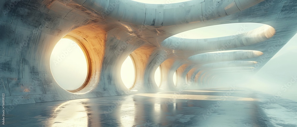Leinwandbilder A 3D rendering of abstract futuristic architecture with a concrete floor...