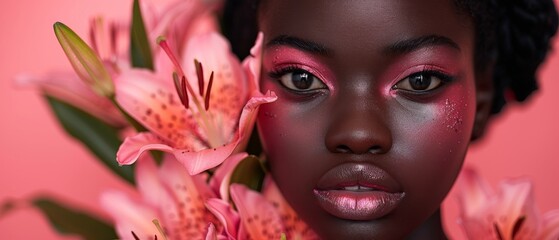 A fashion portrait of an African American girl with pink art makeup posing with lilies against a pink background.