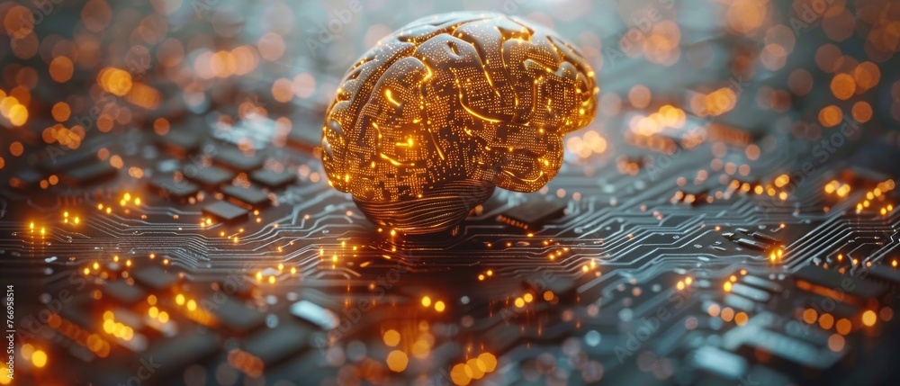 Poster Printed circuit board representing artificial intelligence (AI). Modern computer technology that utilizes artificial intelligence (AI), data mining, and deep learning.