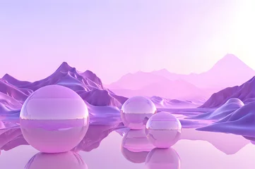 Foto op Canvas 3D glow modern purple sphere with water landscape wallpaper © Ivanda