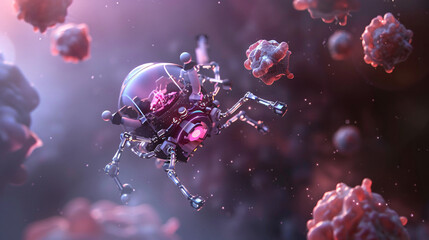 a close-up of a nanobot  set against a backdrop of human cells - obrazy, fototapety, plakaty