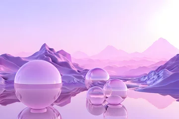 Foto op Canvas 3D glow modern purple sphere with water landscape wallpaper © Ivanda