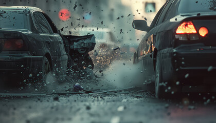 A car crash scene with a car that is on fire - obrazy, fototapety, plakaty