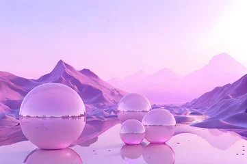 Wandcirkels aluminium 3D glow modern purple sphere with water landscape wallpaper © Ivanda