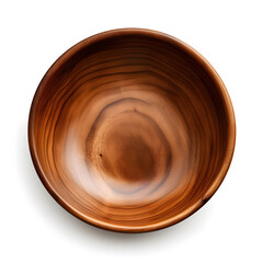 Top view of an empty wooden bowl on a white background