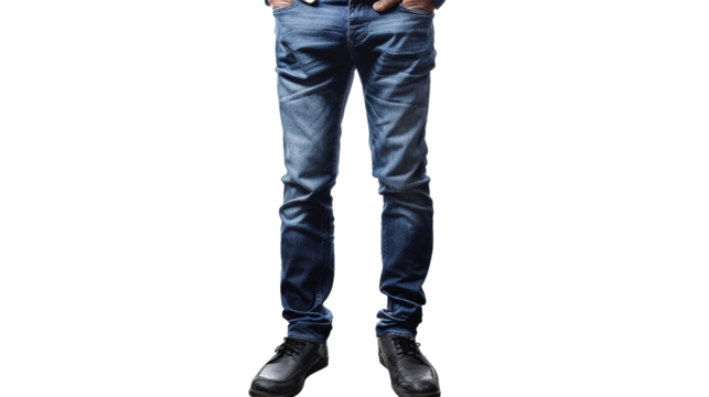 A sophisticated pair of men's denim trousers, exuding urban charm and versatile style, their clean lines and durable fabric accentuated against a transparent white background