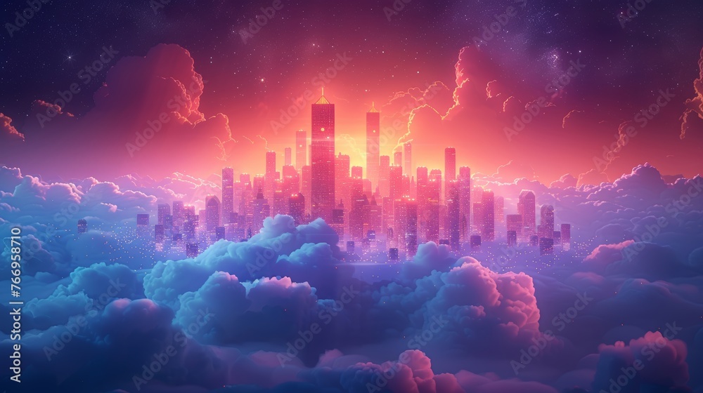 Poster modern illustration of a futuristic smart city isolated on a blue background, showing a skyscraper i