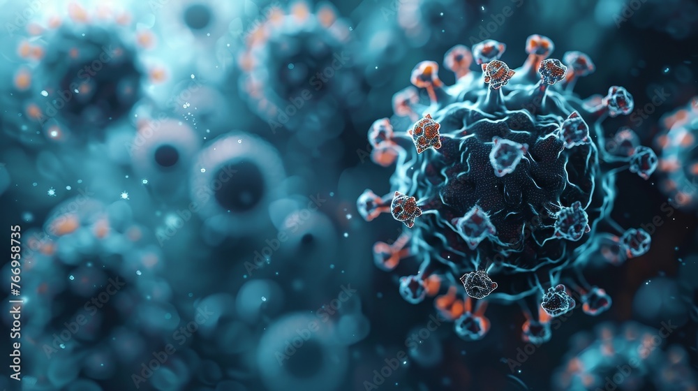 Poster modern of coronavirus futuristic 3d model on blue background. abstract polygonal design of covid-19 