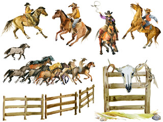 Set of isolat western cowboy, Wild Horses. American rodeo season. Mustang Watercolor illustration - 766958725