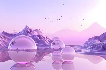 Deurstickers 3D glow modern purple sphere with water landscape wallpaper © Ivanda