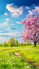 Naklejka premium Beautiful spring landscape. Blooming trees on the meadow with flowers and green grass. Natural Landscape 