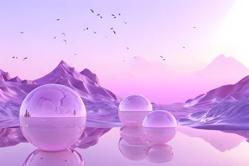 Poster 3D glow modern purple sphere with water landscape wallpaper © Ivanda